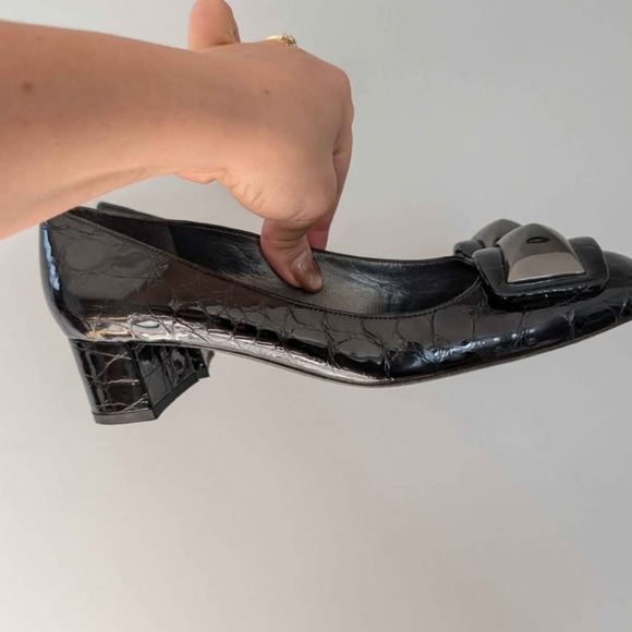 Stuart Weitzman Croc Embossed Leather Heels  Size 7.5 Square Toe Block Heel - Picture 1 of 7